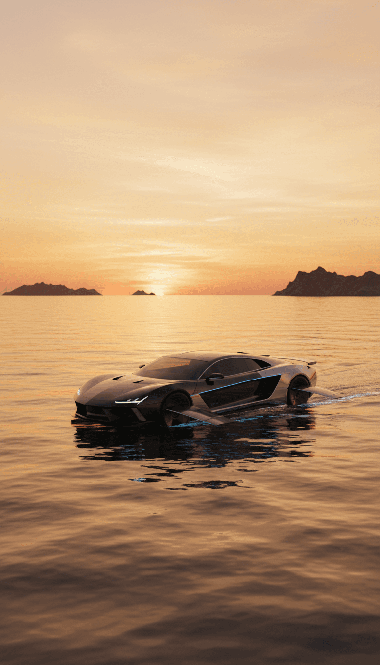 Luxury jet car on calm ocean water at golden hour