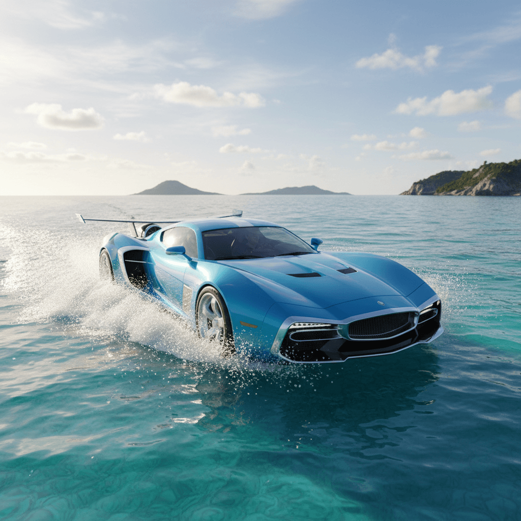 Luxury jet car speeding across open water with blue hull and chrome accents