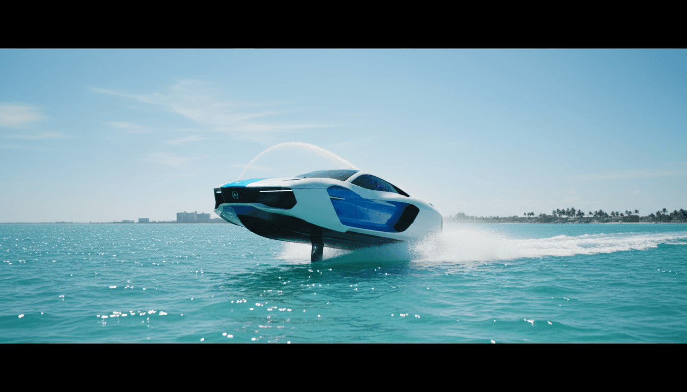 Jet car speeding across calm water with white spray