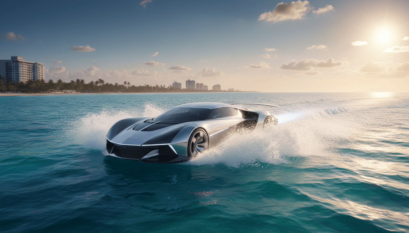 Luxury jet car skimming across turquoise water at high speed