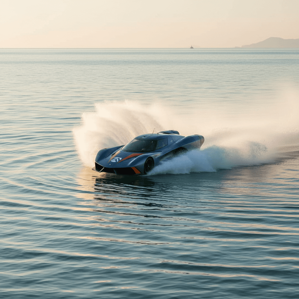 Jet car turning sharply on calm waters creating a wake spray