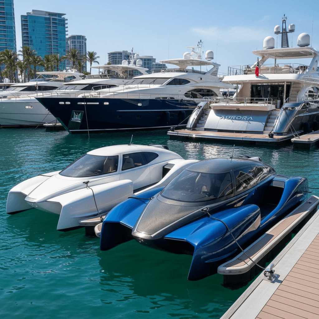 Two jet cars docked at a modern marina with luxury watercraft in the background