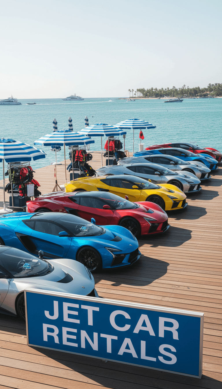 Multiple jet cars lined up on a dock