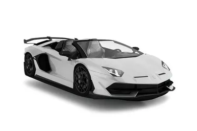 White Lamborghini Aventador SVJ Roadster with black accents and a large rear spoiler.